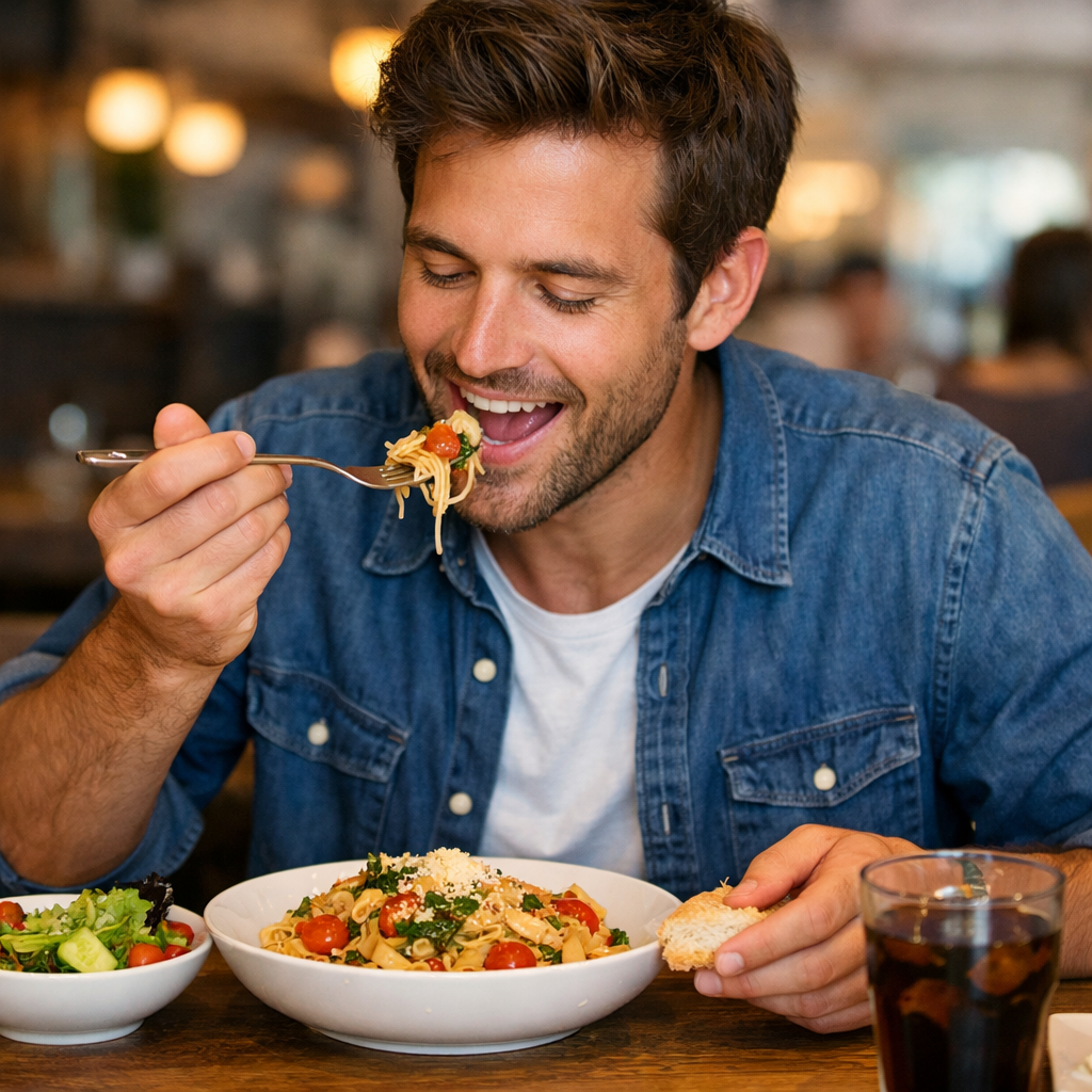 Person Eating Delicious Meal on Wooden Table-1 Person Eating Delicious Meal on Wooden Table-1